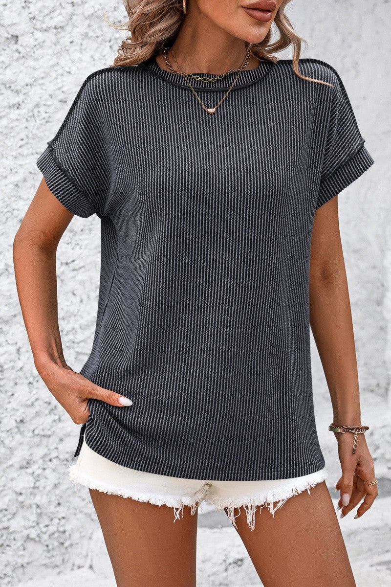Casual Ribbed Knit Short Sleeve Loose Fit Top