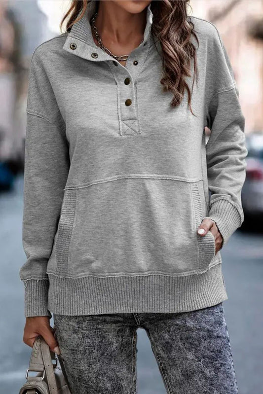 Ribbed Hem Snap Button Sweatshirt with Pocket