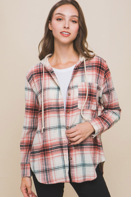 Plaid Flannel Button Up Shacket with Hood