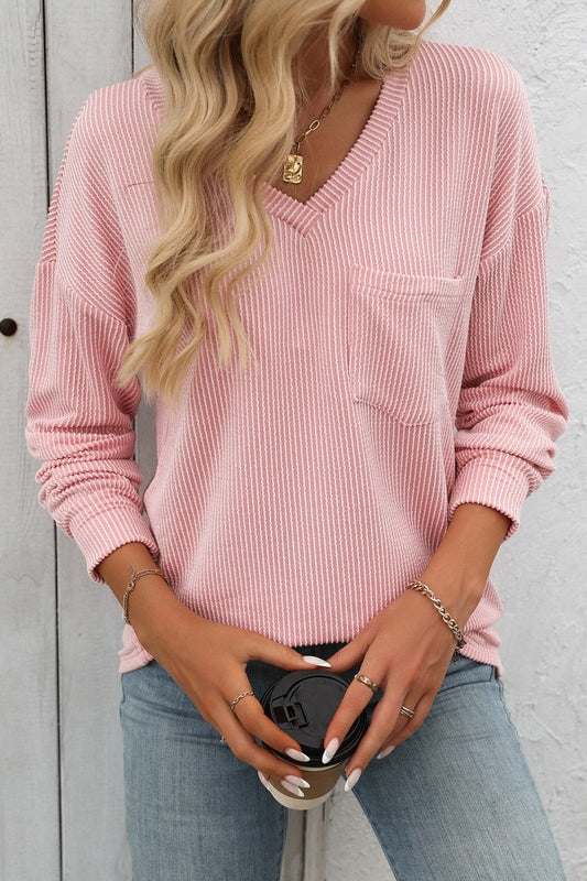 V Neck Ribbed Knit Long Sleeve Pocket Pullover