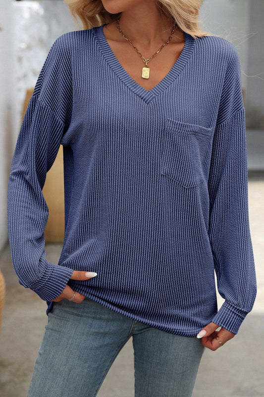 V Neck Ribbed Knit Long Sleeve Pocket Pullover