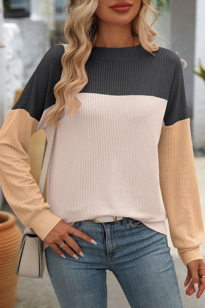 Color Block Ribbed Long Sleeve Casual Top