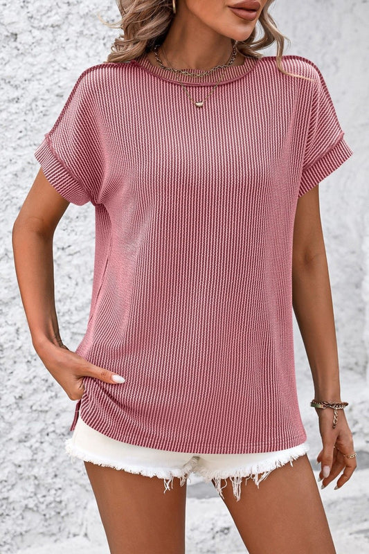 Casual Ribbed Knit Short Sleeve Loose Fit Top